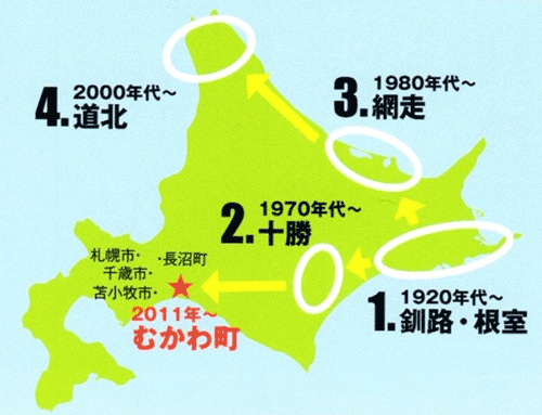 北海道でのタンチョウ生息地の推移地図