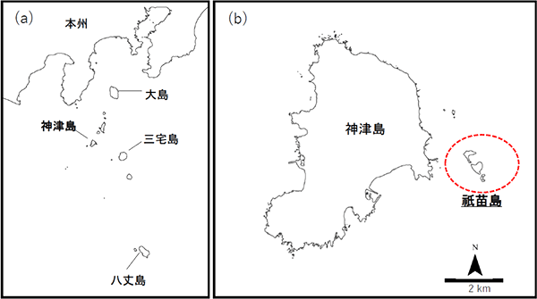 図1. 伊豆諸島神津島及び属島の祇苗島（赤い点線囲み部分）